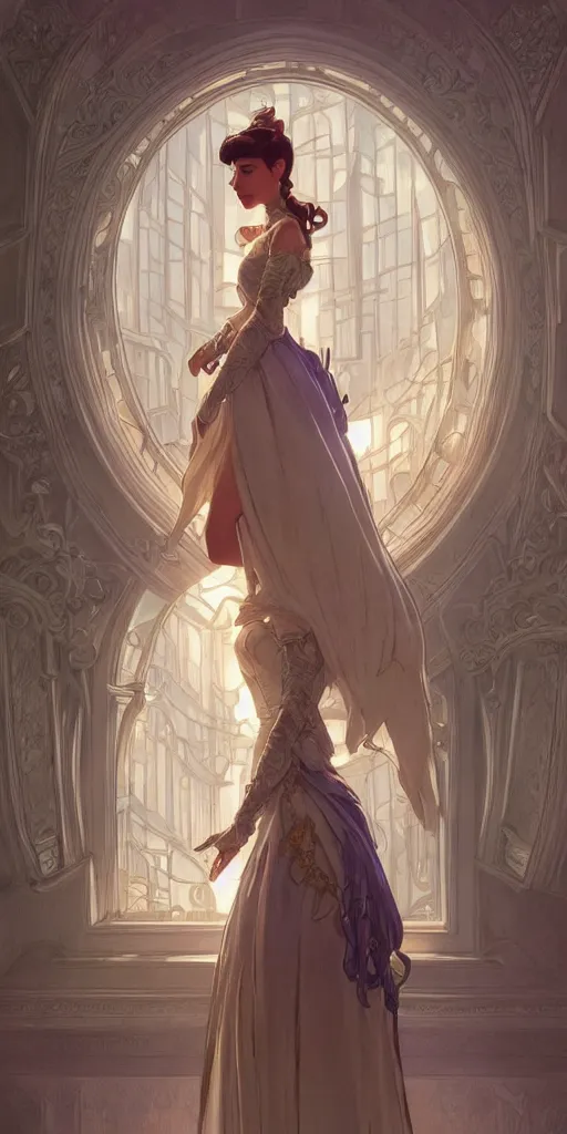 Prompt: mayors daughter, smart, clever, cheeky, elegant fantasy dress, town hall, intricate, highly detailed, digital painting, artstation, concept art, smooth, sharp focus, illustration, Unreal Engine 5, 8K, art by artgerm and greg rutkowski and alphonse mucha, by Jesper Ejsing