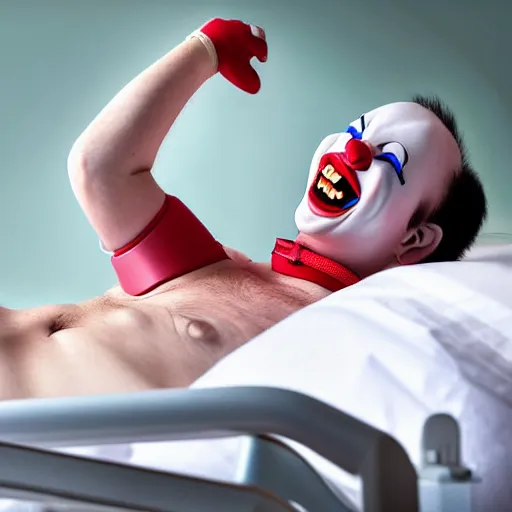 Image similar to confused laughing clown lying in hospital bed with wrist restraints on, restraint fabric straps attached to hospital bed, photograph, 8 k