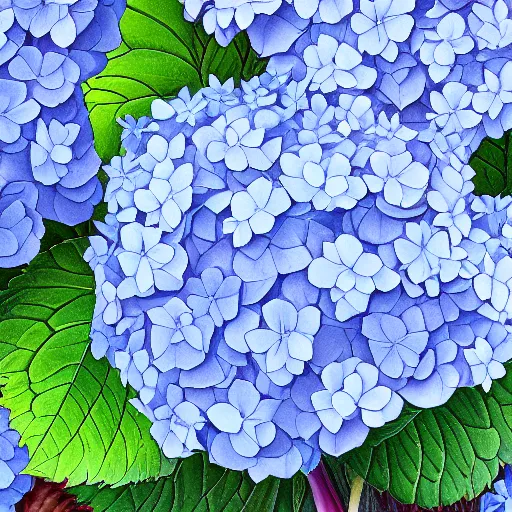 Image similar to Botanical illustration of a blue hydrangea, hyper detailed, 4k