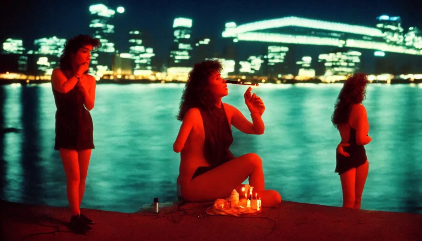 Image similar to 80s neon movie still with a woman by the river, smoking a cigarette, at night with city lights behind her back. movie still. hyperrealistic, high definition, medium format photography, highly detailed, tehnicolor, anamorphic 50mm lens