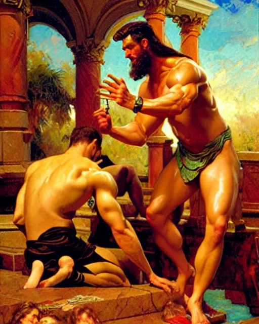 Image similar to muscular zeus watches closely as a handsome, attractive male doctor performs surgery on a patient, bright colors, painting by gaston bussiere, craig mullins, j. c. leyendecker