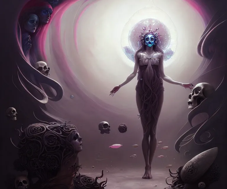 Image similar to mix media, stunning anima goddess of the void by charlie bowater and tom bagshaw, insanely detailed, artstation, psychedelic art. atoms surrounded by skulls and spirits deep under the sea, horror, sci - fi, surrealist painting, by peter mohrbacher anato finnstark