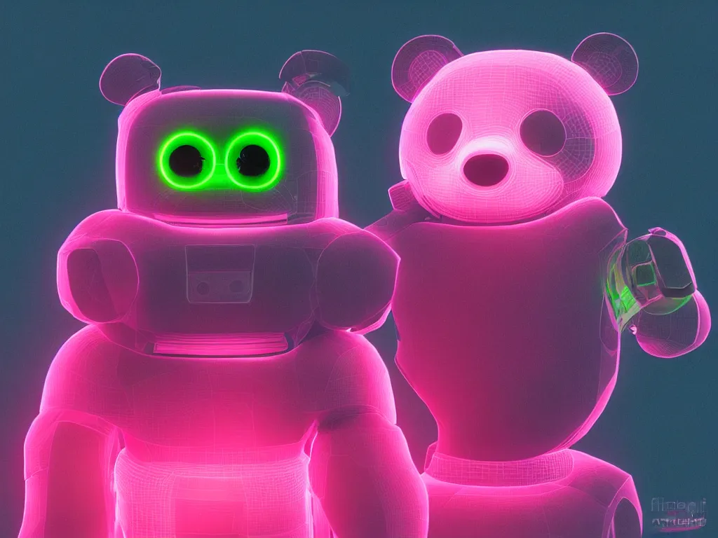 Image similar to 3D Render Portrait Of A Cute, Robot Panda With Glowing Yellow Eyes On A Neon Pink Background, Digital Art