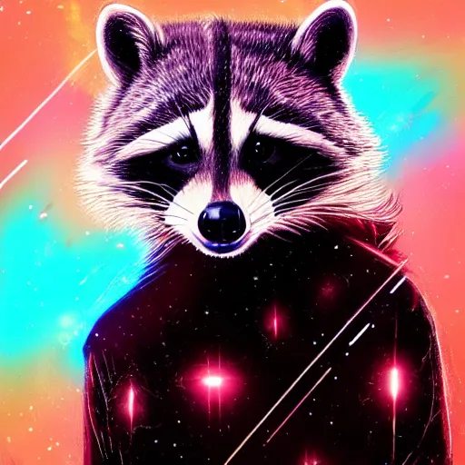 Image similar to portrait from a raccoon, feathers, bird, avian, wings, synthwave, universe background, nebula, galaxy, artstation