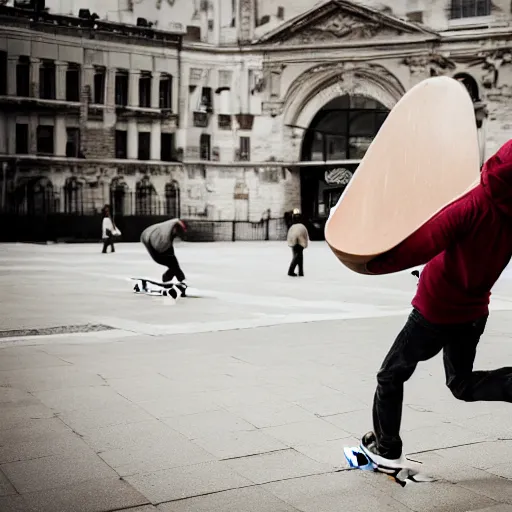 Image similar to man skateboarding on a giant human nose, photography,