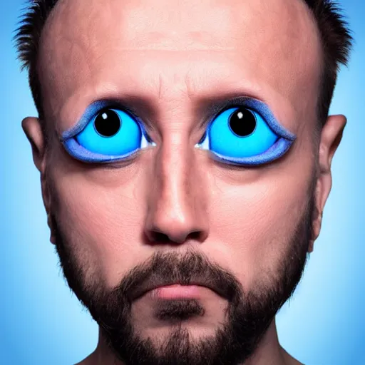 Image similar to fish eye lens close up photograph of a alien with blue skin and a goatee side eyeing the camera with a sympathetic look