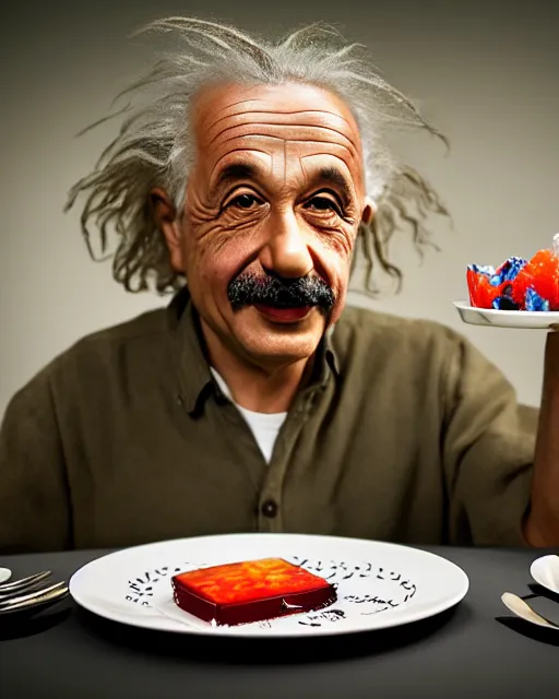 Prompt: a portrait of albert einstein sitting at the dining table with a plate containing jell - o in front of him, highly detailed, trending on artstation, bokeh, 9 0 mm, f / 1. 4