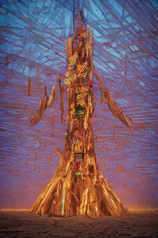 Image similar to a detailed digital neon illustration of the tall wooden burningman effigy in the style of dan mumford. maya render, greg rutkowski , psychedelic, fantasy, 8k, 3d render, intricate, symmetry, cinematic, hyper realism, high detail, 8k, iridescent accents