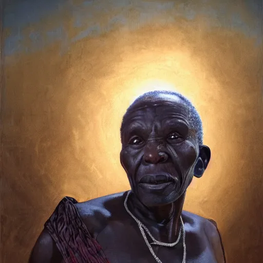 Image similar to a painting of a wise elder from Kenya by Kehinde Wiley . dramatic angle, ethereal lights, details, smooth, sharp focus, illustration, realistic, cinematic, artstation, award winning, rgb , unreal engine, octane render, cinematic light, macro, depth of field, blur, red light and clouds from the back, highly detailed epic cinematic concept art CG render made in Maya, Blender and Photoshop, octane render, excellent composition, dynamic dramatic cinematic lighting, aesthetic, very inspirational, arthouse.