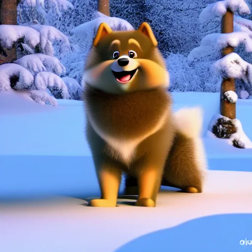 Image similar to happy finnish lapphund dog, snow, trees, stream, pixar, disney, 4 k, 3 d render, funny, animation, movie, oscar winning