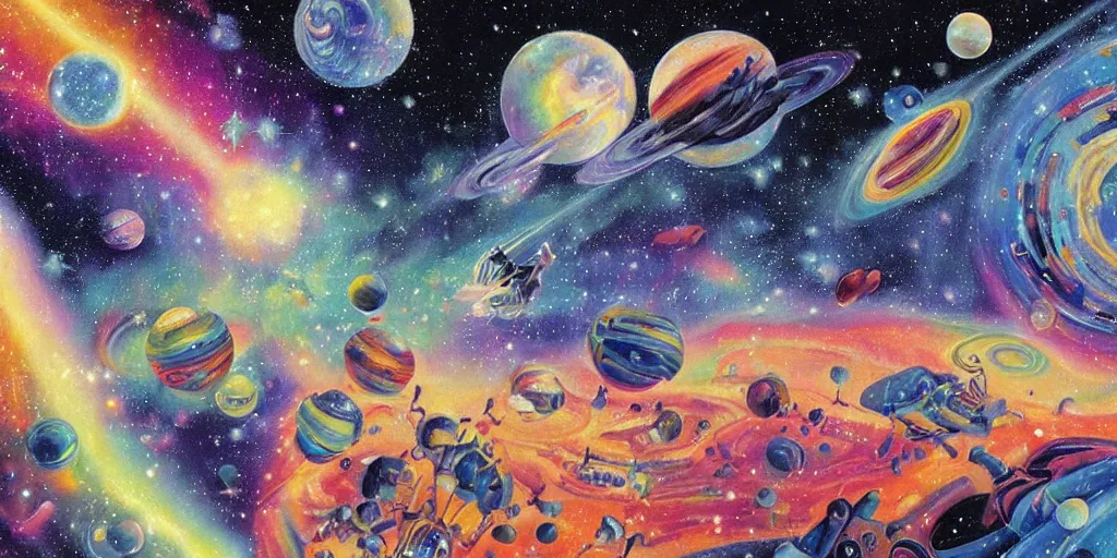 Image similar to a beautiful painting of an elaborate space scene painted by bosch and lisa frank, detailed