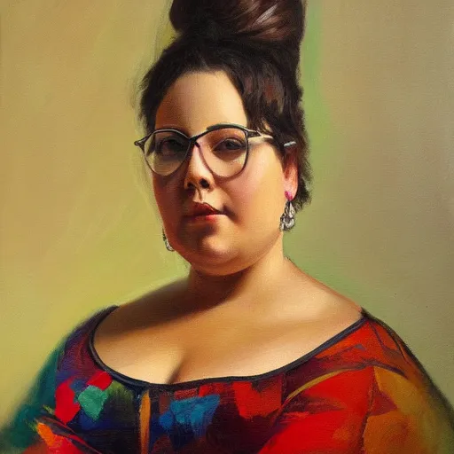 Image similar to A portrait of a powerful and chubby beautiful woman, oil painting, majestic, detailed, high resolution