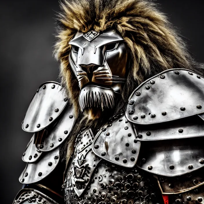 Prompt: photo of a warrior with metal lion themed armour, highly detailed, 4 k, hdr, smooth, sharp focus, high resolution, award - winning photo