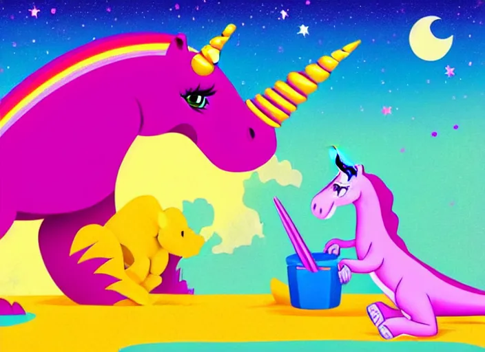 Prompt: T-rex and Unicorn relaxing, colorful,modern, disney poster, detailed,