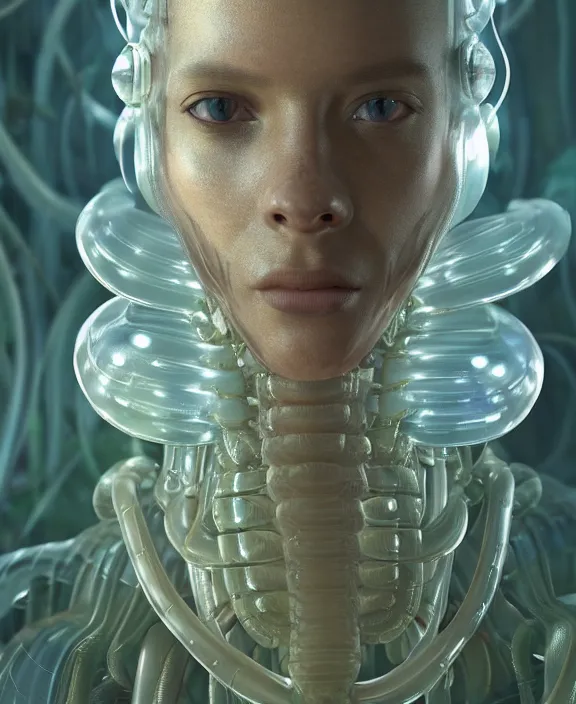 Image similar to opulent transparent clear see - through portrait of a terrifying beautiful male alien isopod cyborg, mottled coloring, adorable, childlike, overgrown biopunk jungle environment, ultra realistic, concept art, art nouveau, photorealistic, octane render, 8 k, unreal engine. art by christopher marley and artgerm and greg rutkowski and alphonse mucha