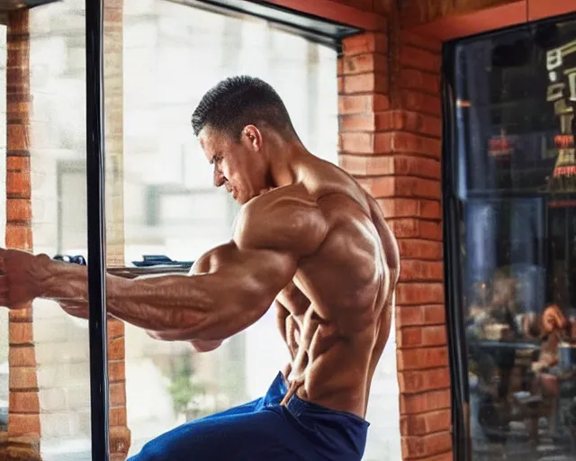 Prompt: extremely muscular gymnast fitness model sits in cafe window working on laptop detailed oil painting