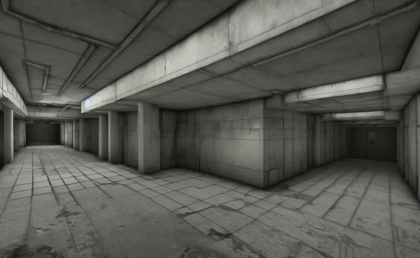 Prompt: in - game screenshot of a first person shooter on unreal engine 5, narrow modern hallways of a secret government facility, photorealistic, liminal, brutalism, minimalism, soft vintage glow