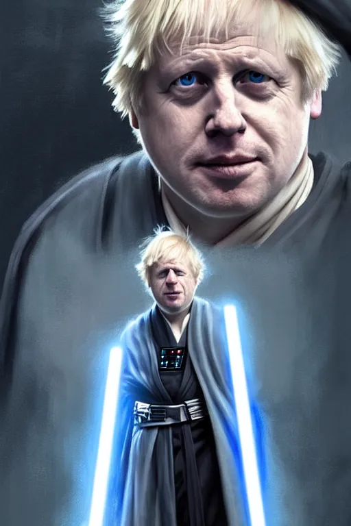 Image similar to Boris Johnson as a Jedi from Star Wars, Union Jack light saber, realistic portrait, symmetrical, highly detailed, digital painting, artstation, concept art, smooth, sharp focus, illustration, cinematic lighting, art by artgerm and greg rutkowski and alphonse mucha