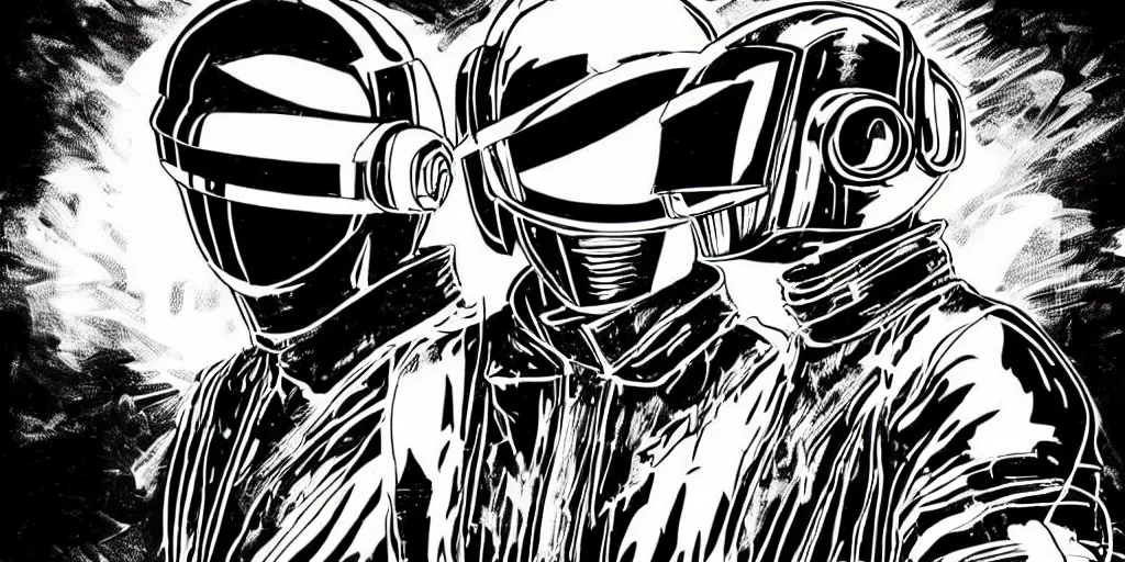 Prompt: detailed black ink manga artwork of 2 Daft Punk robot rock using Apple notebook Macbook at an underground warehouse rave in Ibiza, playing techno house music, thousands of beautiful girls in bikini dancing, in the style of manga illustration, wires, speakers, black and white ink, some ink drips, sharp details