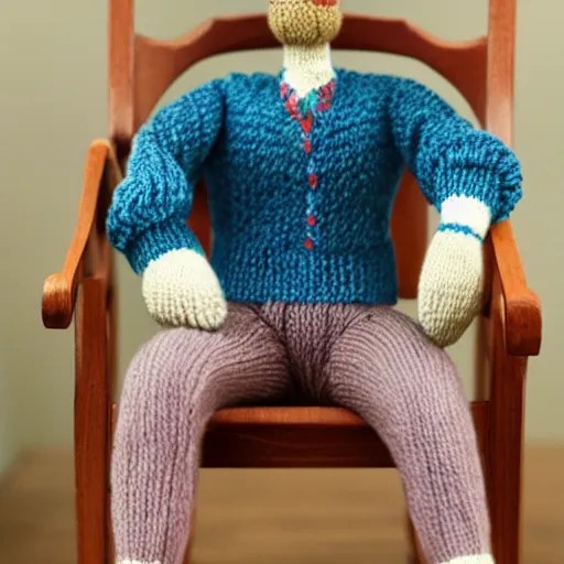 Prompt: Knitted yarn doll Ryan Gosling sits on a rocking chair, realism, proportions,