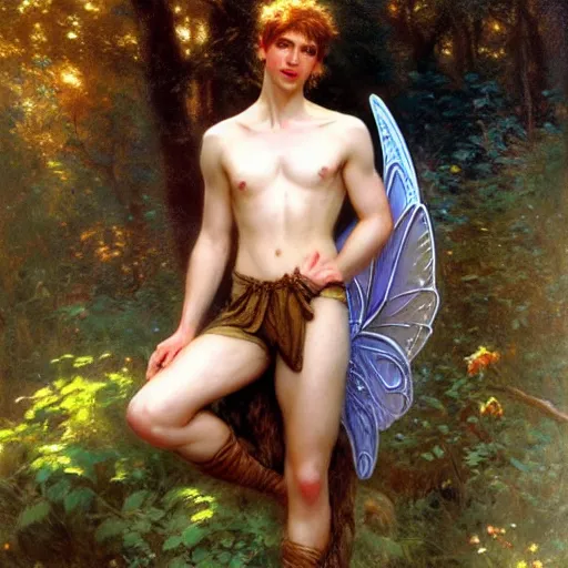 Image similar to attractive male fairy in the forest posing. highly detailed painting by gaston bussiere, craig mullins, j. c. leyendecker, 8 k