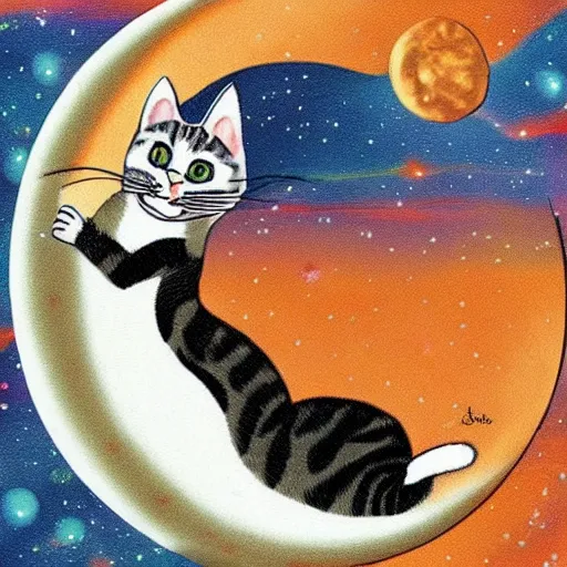 Prompt: a picture of a cat as fat as a moon, the cat is about to eat a spaceship