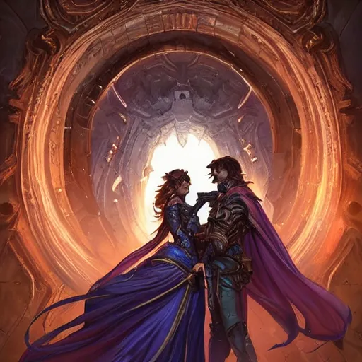 Image similar to a young couple, a mortal male rogue and a lightning goddess! hugging each other in front of the portal of eternity!, D&D, fantasy, intricate, elegant, highly detailed, digital painting, artstation, concept art, matte, sharp focus, illustration, hearthstone, art by Artgerm and Greg Rutkowski and Alphonse Mucha