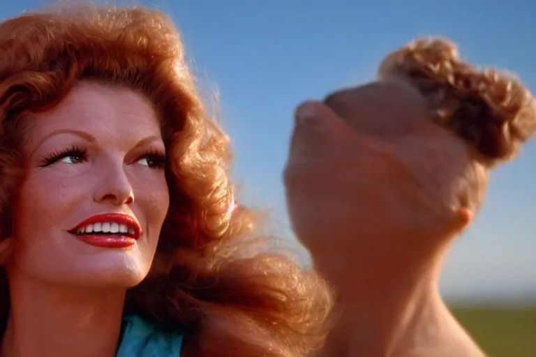 Image similar to natural 8 k close up shot of rita hayworth with freckles, natural skin and beauty spots in a 2 0 0 5 romantic comedy by sam mendes. she stands and looks on the horizon with winds moving her hair. fuzzy blue sky in the background. no make - up, no lipstick, small details, wrinkles, natural lighting, 8 5 mm lenses, sharp focus