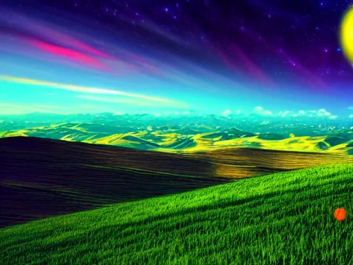 Prompt: windows xp wallpaper, retrowave style, starry sky, 4 k