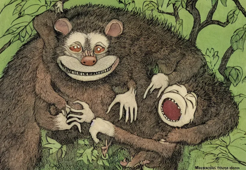 Image similar to possum monster in the wild, colorized, high detail, by Maurice Sendak