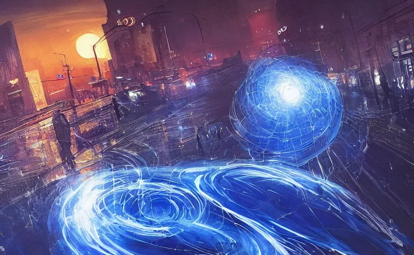 Image similar to people with posters attacking cops, a huge blue spiral - shaped white luminous attractor is floating on the horizon near the sun, stores in los angeles with light screens all over the street, concept art, art for the game, professional lighting, dark night lighting from streetlights, by ilya repin