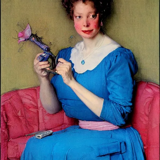 Image similar to portrait of a blue and pink queen, by norman rockwell