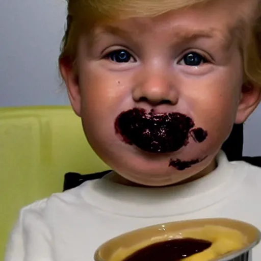 Prompt: donald trump is a baby in a highchair with chocolate pudding on his face