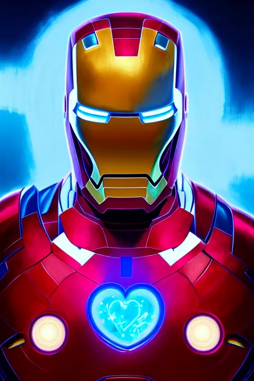 Image similar to Boris Johnson as Iron Man without a helmet, portrait, neon heart reactor, gold and blue, highly detailed, digital painting, artstation, concept art, smooth, sharp focus, illustration, cinematic lighting, art by artgerm and greg rutkowski and alphonse mucha