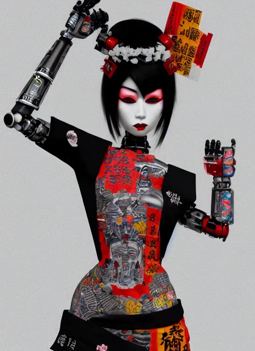 Prompt: full body photo of a punk geisha robot with kanji tattoos and decals wearing a digital pixelated kimono, intricate design, photo - realistic, octane render, ultra fine detailed, character design, trending on artstation