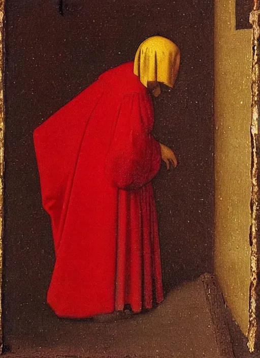 Prompt: Profile of Fallen Angel dressed in red, Medieval painting by Jan van Eyck, Johannes Vermeer, Florence