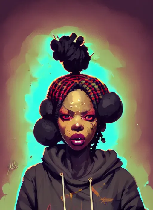 Prompt: highly detailed portrait of a sewer punk african lady, tartan hoody, white afro hair by atey ghailan, by greg rutkowski, by greg tocchini, by james gilleard, by joe fenton, by kaethe butcher, gradient cyan, brown, blonde cream and white color scheme, grunge aesthetic!!! ( ( graffiti tag wall background ) )