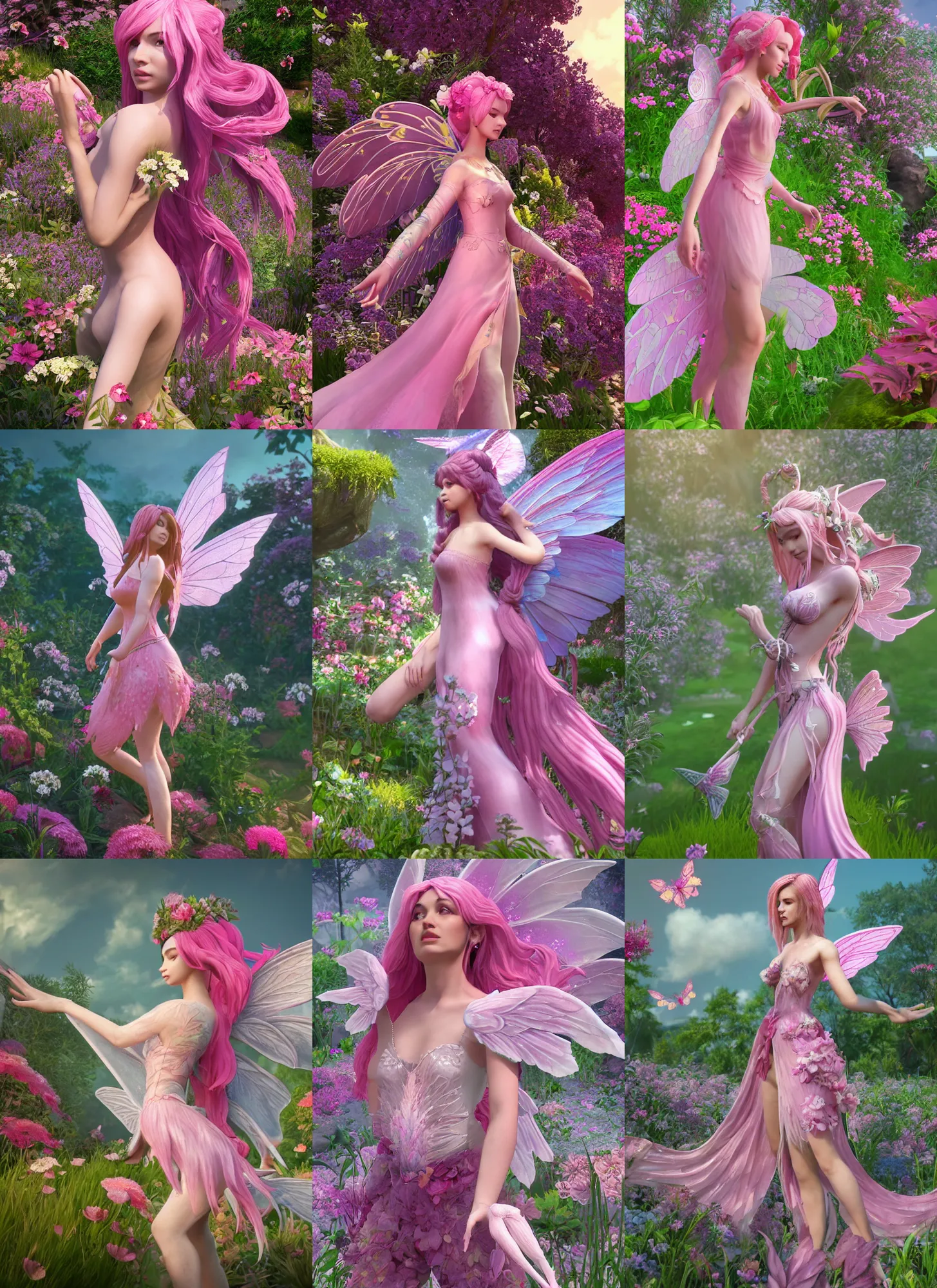 Prompt: side full body profile d & d style of a pink beautiful fairy with large wings and flowing hair and beautiful face wearing clothing is exploring her flower garden, extremely detailed, unreal engine, octane render, 4 k