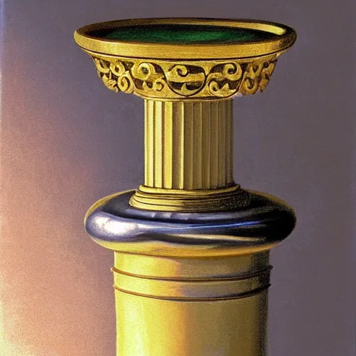 Image similar to still life painting of a room with a balcony and a pedestal displaying an ancient holy artifact, shaped like torus ring, chromed and ornate with gentle iridescent shine from within. the ring lays on top of a pedestal. perspective from the side. realistic light and shadows. moody fantasy art, still life renaissance pastel painting. close up