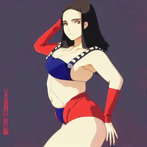 Image similar to a beautiful plus sized model japanese natalie portman, alluring plus sized model, wearing mayan leotard with overalls, street fashion hip hop style with mayan patterns, aztec street fashion, gapmoe yandere grimdark, trending on pixiv fanbox, painted by greg rutkowski makoto shinkai takashi takeuchi studio ghibli, akihiko yoshida