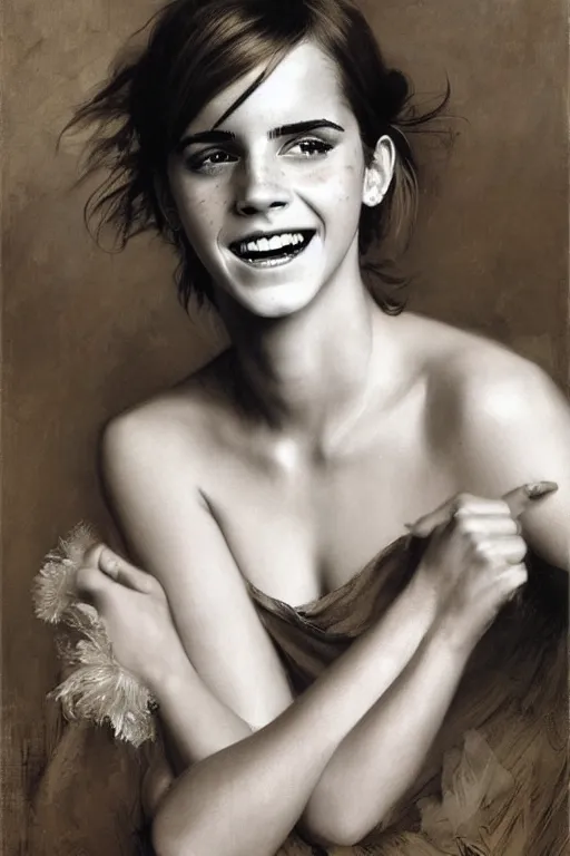 Prompt: emma watson smiling laughing gathered faille v - neck smiling detailed portrait painting by gaston bussiere craig mullins j. c. leyendecker photograph by richard avedon peter lindbergh