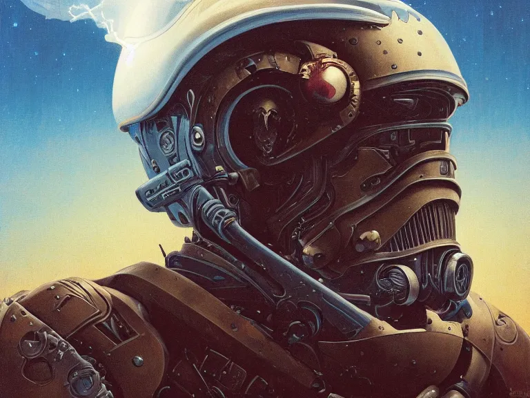 Image similar to a detailed profile painting of a bounty hunter in armour and visor, cinematic sci-fi poster. Flight suit, anatomy portrait symmetrical and science fiction theme with lightning, aurora lighting clouds and stars. Clean and minimal design by beksinski carl spitzweg and tuomas korpi. baroque elements. baroque element. intricate artwork by caravaggio. Oil painting. Trending on artstation. 8k