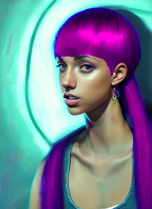 Image similar to portrait of teenage vanessa morgan with bright pink hair, vanessa morgan, curly pixie cut hair, wearing a purple breton cap, breton cap, hoop earrings, intricate, elegant, glowing lights, highly detailed, digital painting, artstation, concept art, smooth, sharp focus, illustration, art by wlop, mars ravelo and greg rutkowski