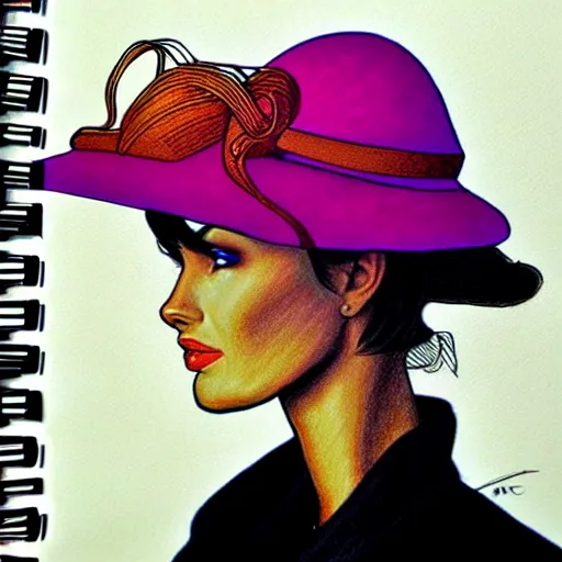 Image similar to drawing portrait of beautiful gorgeous woman with hat by Moebius science fiction