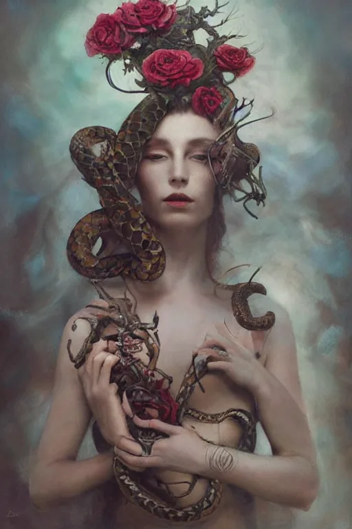 Prompt: a single portrait of the queen with a headpiece of entwined snakes and roses by Jovana Rikalo, by ruan jia, by austin osman spare, by tom bagshaw, a delicate oilpainting, highly ornamental