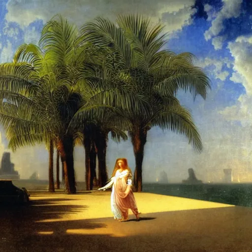 Image similar to Girl riding a horse leaving the palace through the bridge, thunderstorm, beach and palm trees on the background major arcana sky, by paul delaroche, alphonse mucha and arnold böcklin arnold böcklin hyperrealistic 8k, very detailed