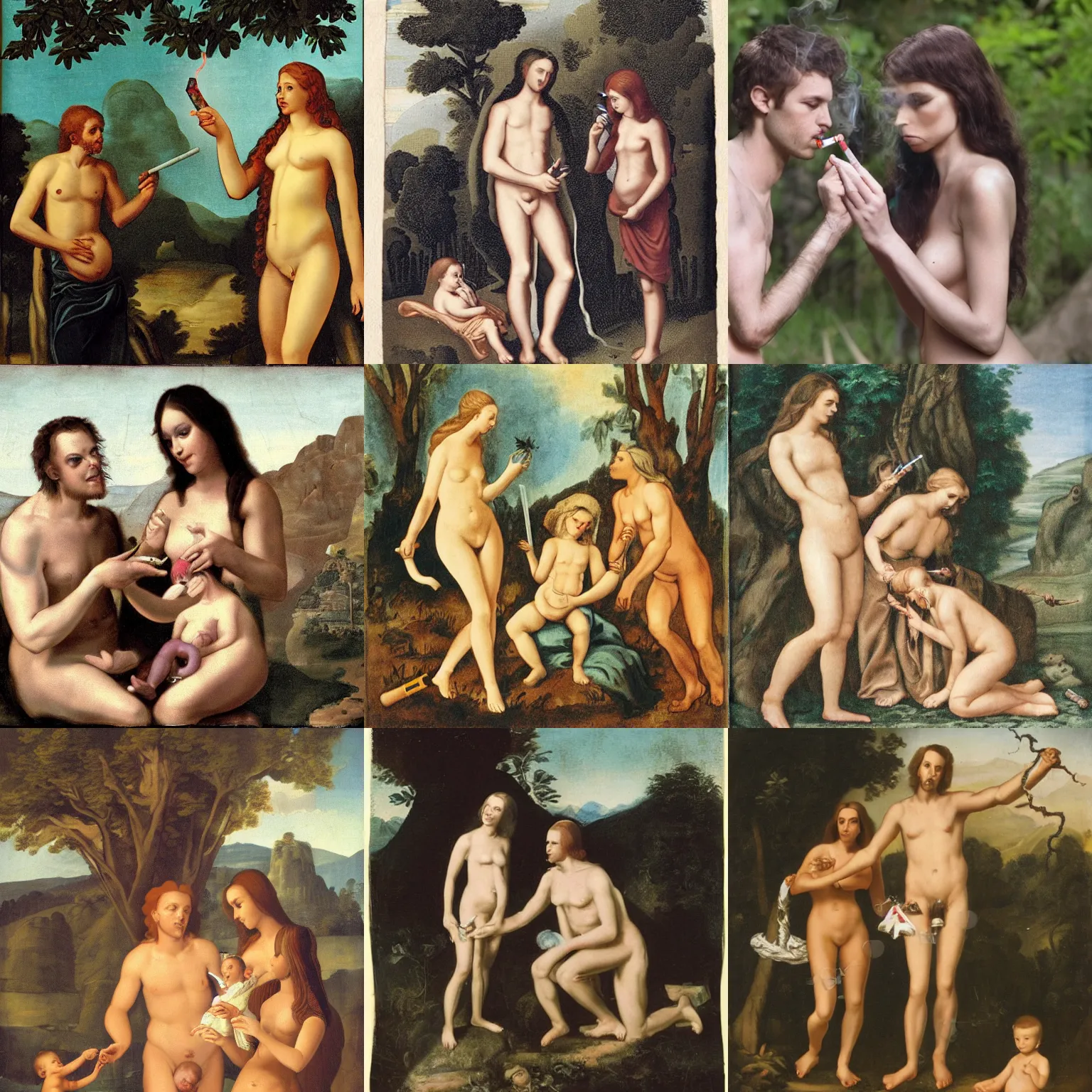 Prompt: Adam and Eve holding their baby, baby smoking cigarette