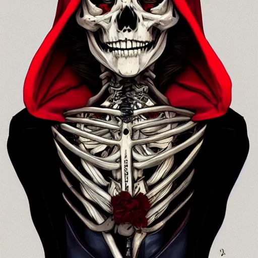 Prompt: anime manga skull portrait young woman skeleton, red riding hood, unreal engine, intricate, elegant, highly detailed, digital art, art by JC Leyendecker and William Turner 1860