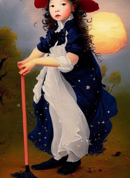 Image similar to little cute witch in an oil painting by jean - honore fragonard, portrait, with a broom, bob cut black hair, red bow in the hair, asian girl, intricate details, symmetrical face, sky in the background, stars, sparkles, glitter, sunset, epic lighting, soft vibes, navy blue red and black tones, ghibli tones, cinematic