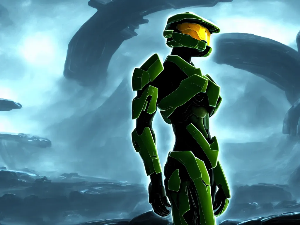 Prompt: halo, cortana, in alien planet, moody background